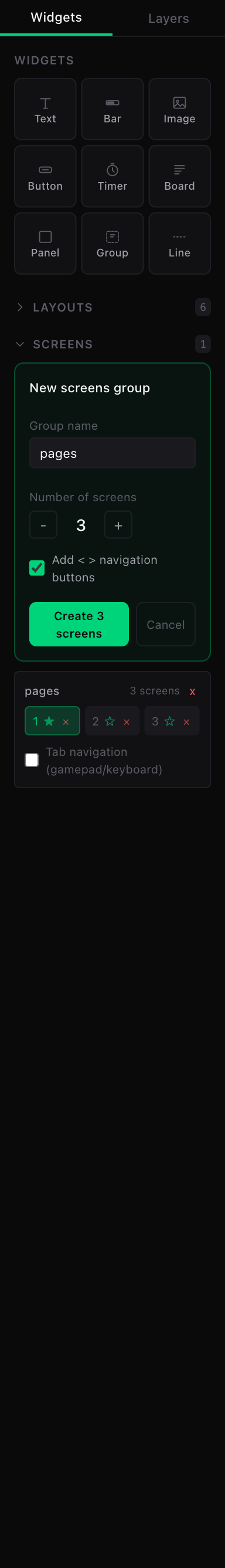 The screens wizard: group name, number of screens, navigation buttons option