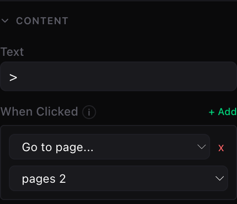 A button's When Clicked actions with the Go to page select listing the known pages