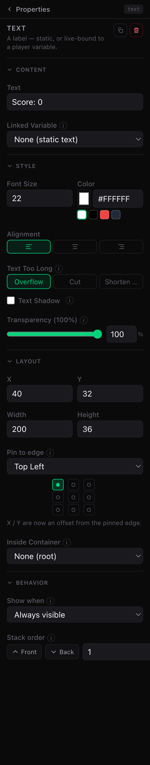 The Properties panel for a Text widget: Content, Style, Layout and Behavior sections