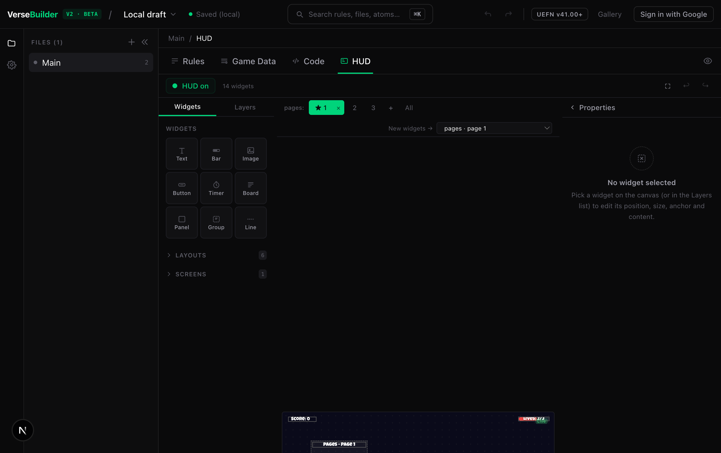 The HUD editor: widget palette on the left, 1920×1080 canvas in the center with a screens group, Properties panel on the right