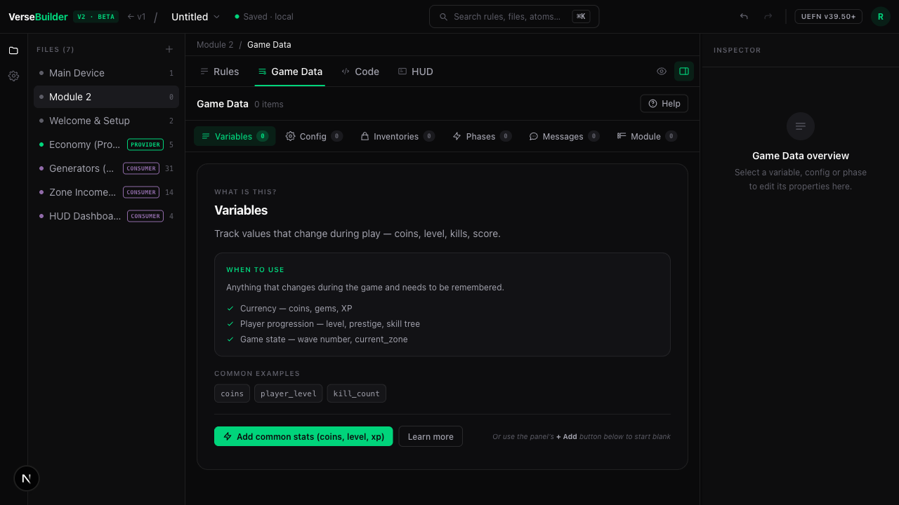 Empty Variables tab with the educational panel and the green Add stats pattern button